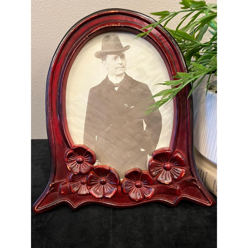 Vintage 1980s Burgundy Floral 6x8 Picture Frame Art Nouveau Victorian Style